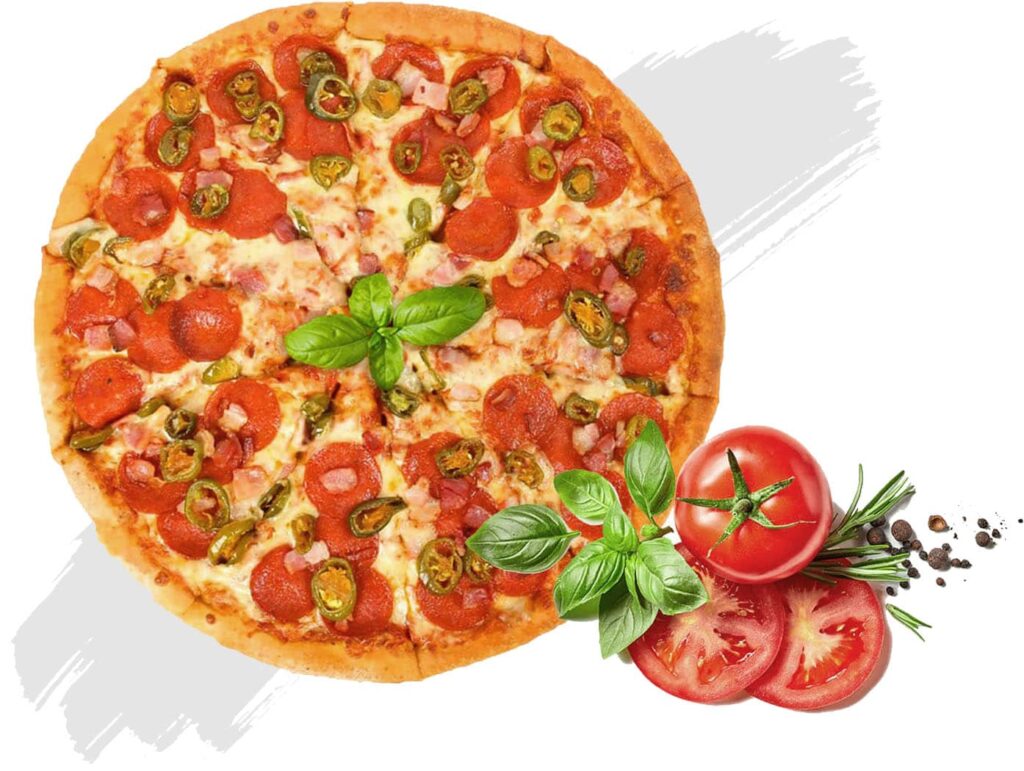 Birds eye view of a scrumptious pepperoni and jalapeno pizza with fresh basil